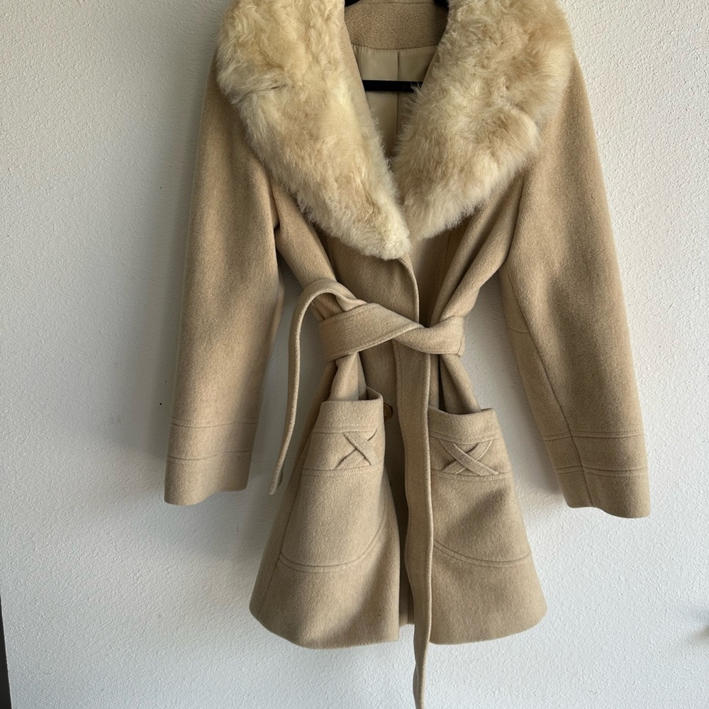 Tan and Cream Trench Coat with Luxurious Fur Collar